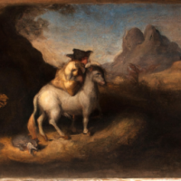 Auf einem Pferd sitzende Maus in einer Berglandschaft. Gemälde von Rembrandt