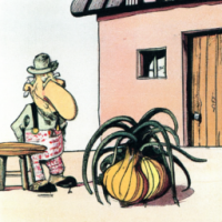 Ein Kaktus sitzt neben Zwiebelringen auf einem Bauernhof, Cartoon aus den 1960er Jahren