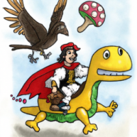 Super Mario verkleidet als mittelalterlicher Ritter, der auf einem Pterodaktylus hinten in einem Bus reitet, barockes Gemälde